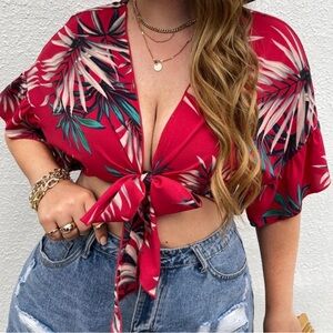 NEW| Plus Size Red Tropical Lead Print Kimono Tie Front Crop Top